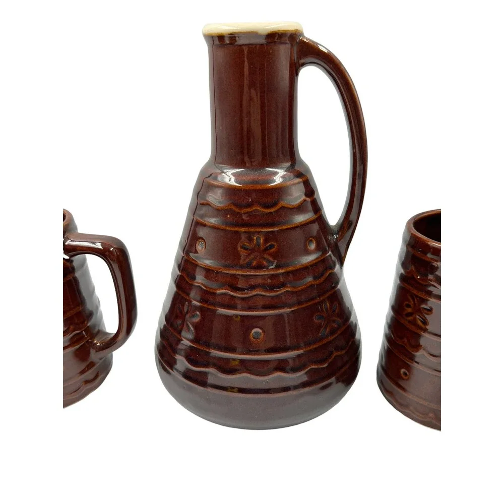 (1) Vtg Marcrest Stoneware Large Wine Carafe Water Pitcher Brown with 5 mugs - Picture 5 of 7
